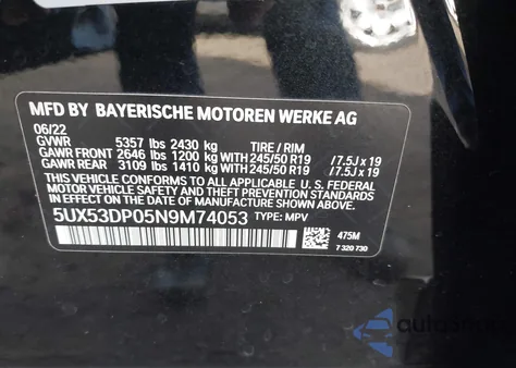 2022 BMW X3 xDrive30I z USA, uszkodzony, nr VIN 5UX53DP05N9M74053